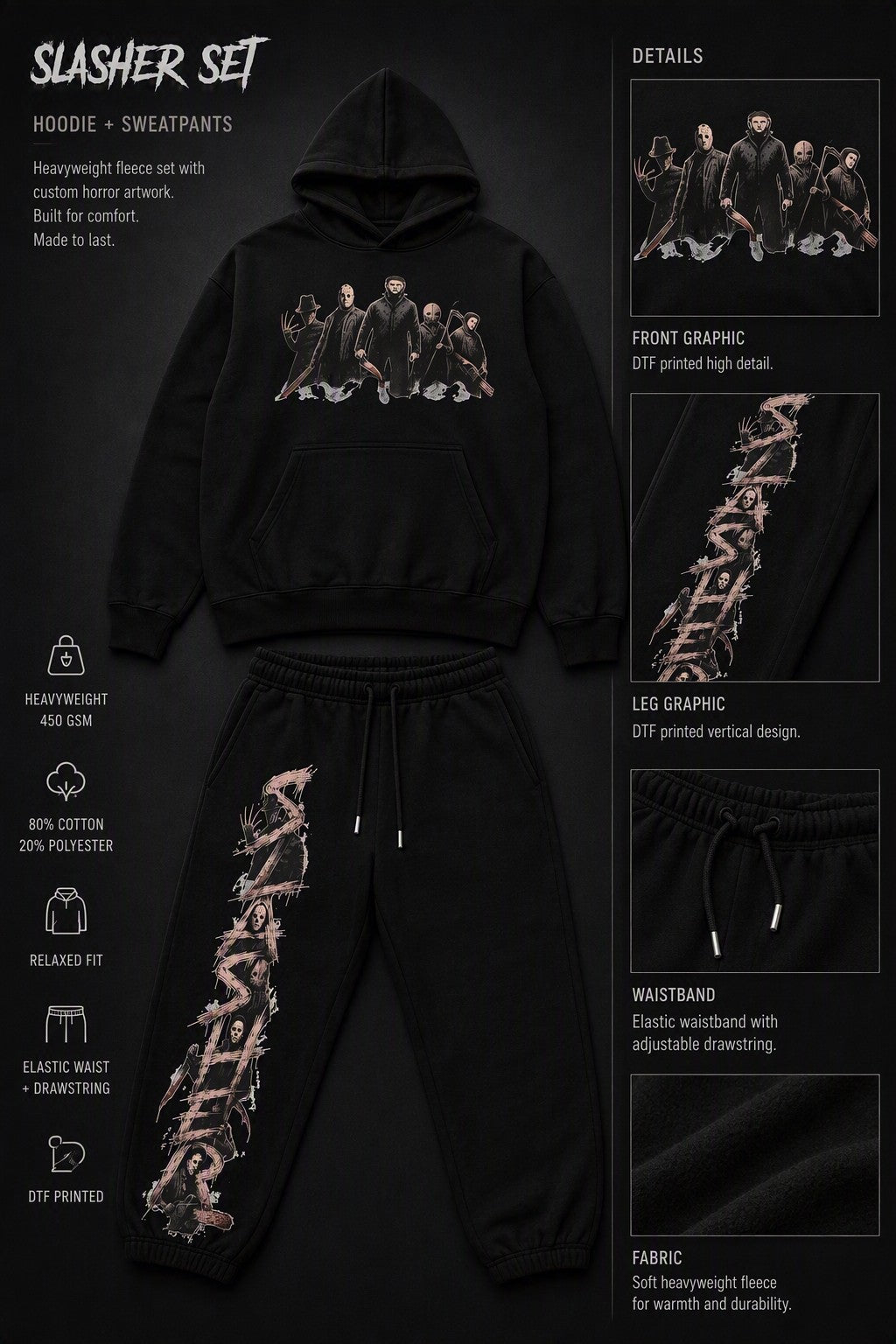 Black hoodie and sweatpants set with horror character artwork