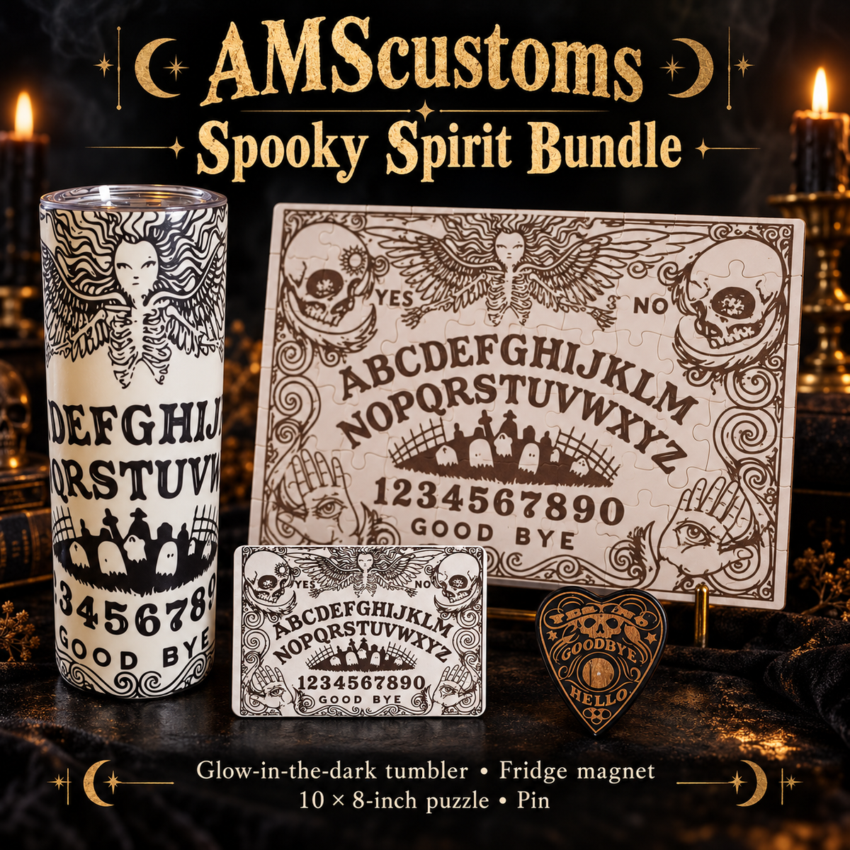 Spooky Spirit Bundle: glow-in-the-dark tumbler, fridge magnet, 10 by 8 inch puzzle, and pin