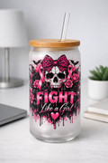 Frosted glass tumbler with pink ribbons, skull, roses, and Fight Like a Girl lettering