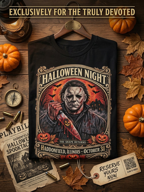 Halloween Night Michael Myers black shirt on rustic wood with pumpkins