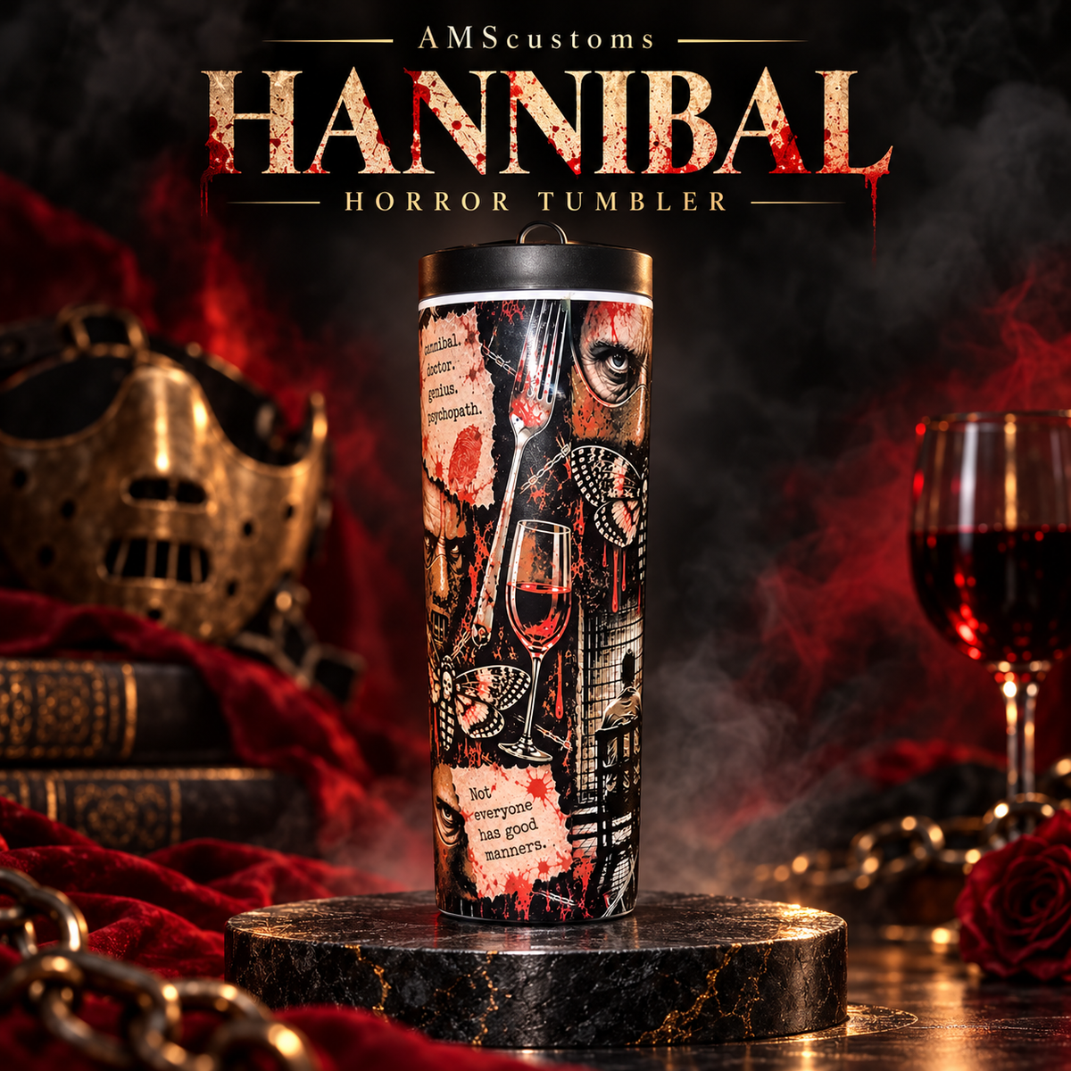 AMScustoms Hannibal horror tumbler with black water bottle lid
