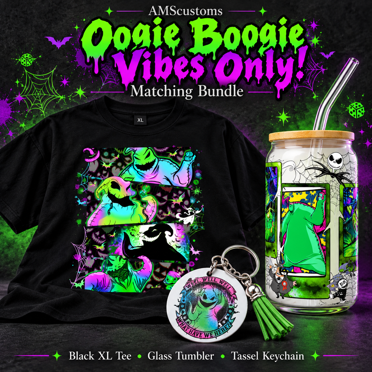 Oogie Boogie bundle with one black XL graphic tee, one glass tumbler and one tassel keychain