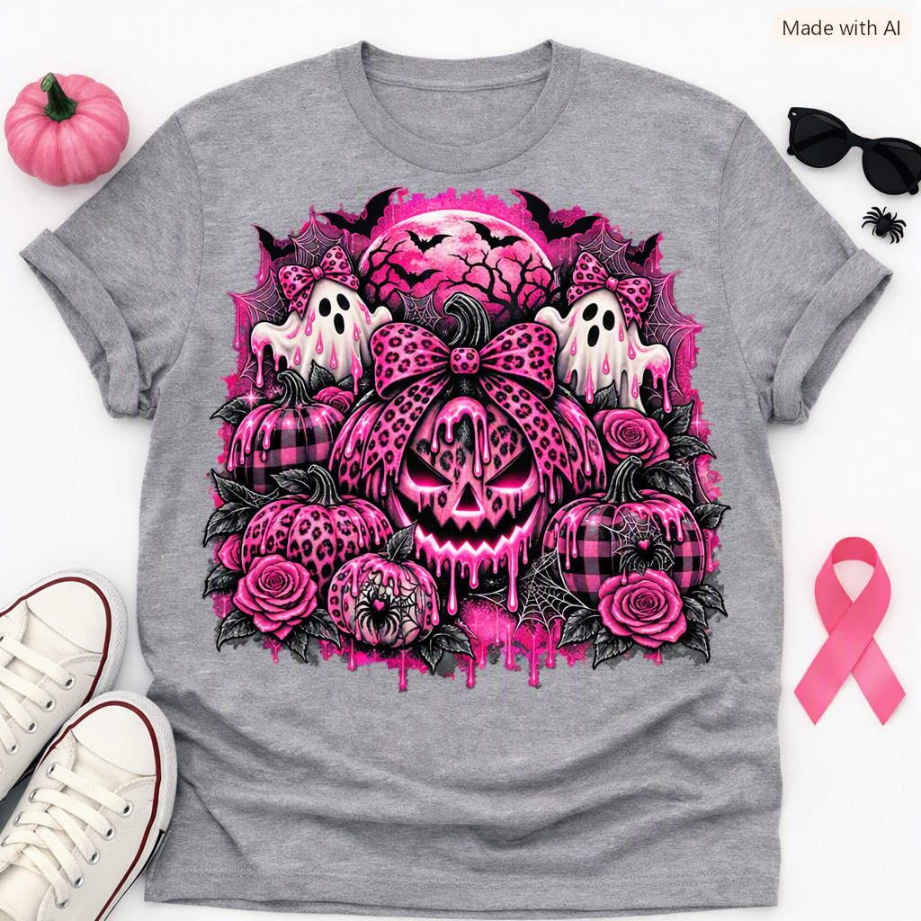 Gray Pink Halloween Pumpkin & Ghost Shirt