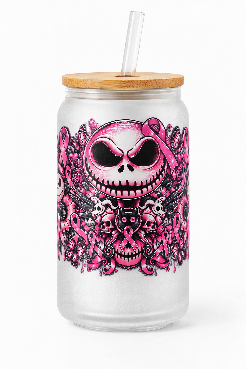 16 oz frosted Libbey glass with bamboo lid, clear straw, and pink skull and ribbon artwork