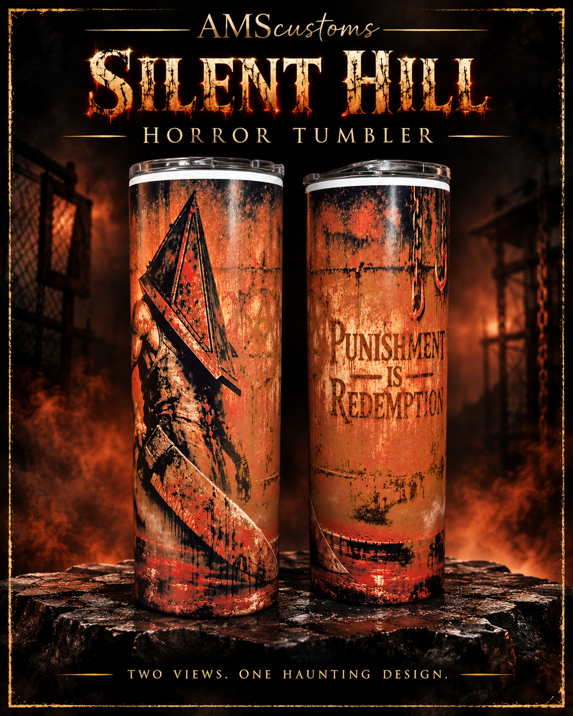 Two sides of one Silent Hill Pyramid Head horror tumbler