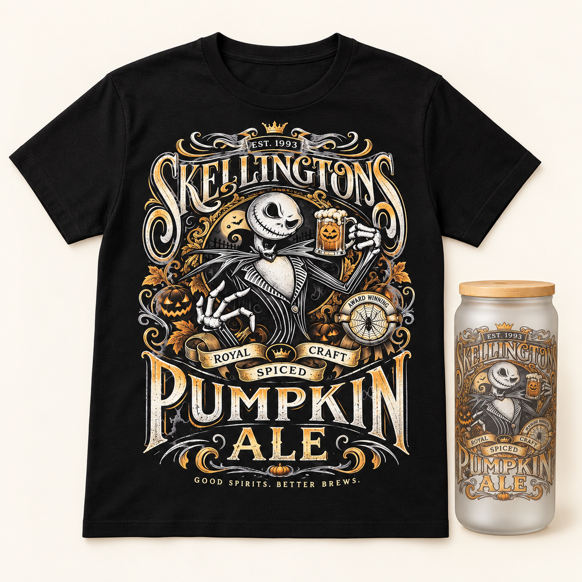Skellington’s Pumpkin Ale black XL shirt and matching 16oz glass tumbler
